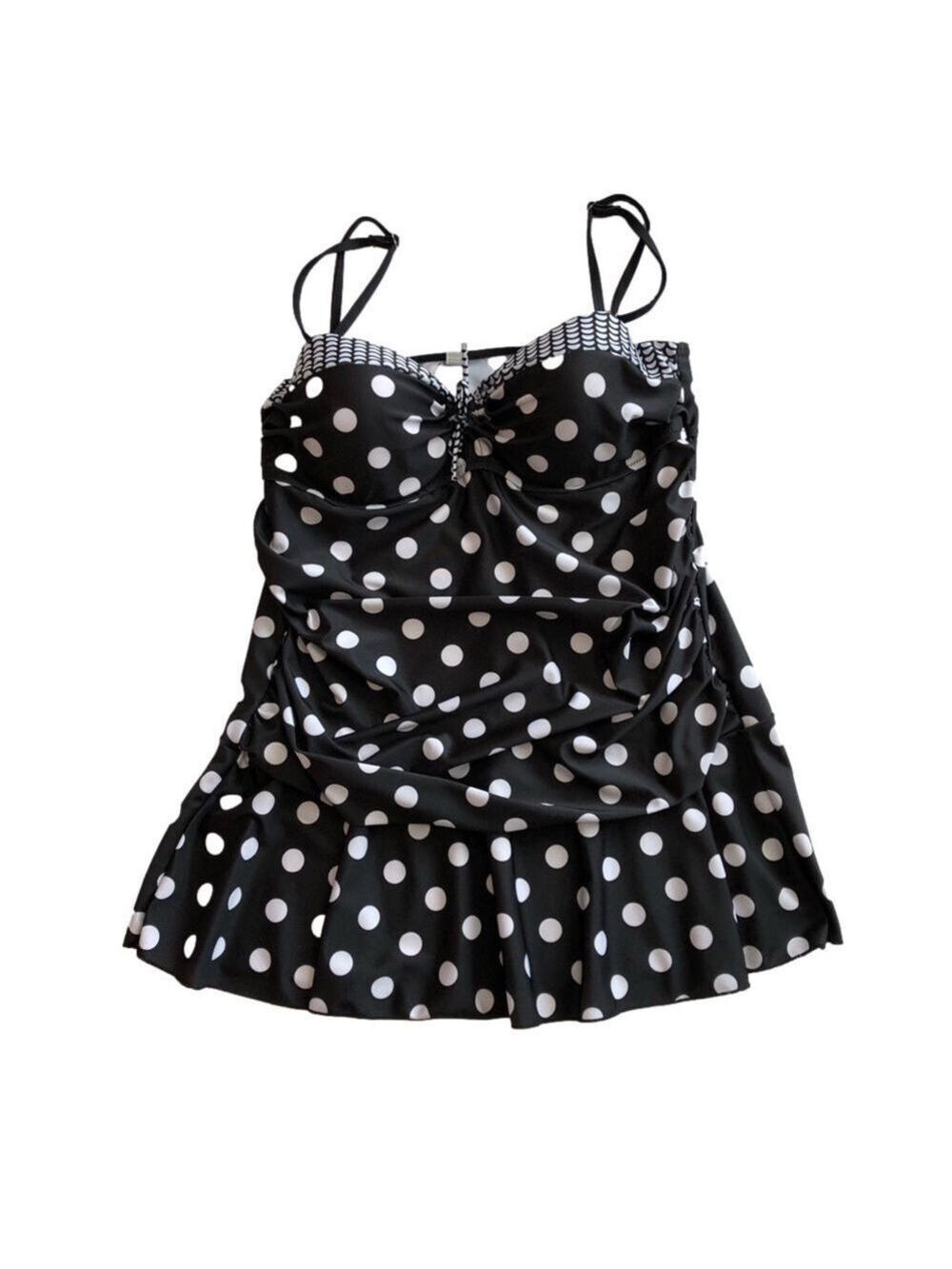 Tankini dress skirted underwire molded cups polka dot adjustable straps size 5XL